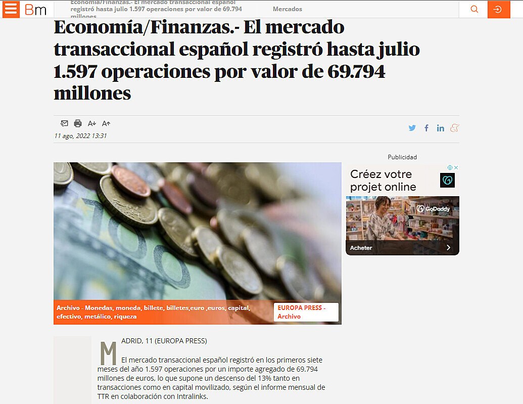 Economa/Finanzas.- El mercado transaccional espaol registr hasta julio 1.597 operaciones por valor de 69.794 millones